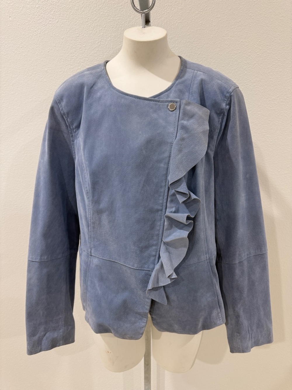 NWOT Isaac Mizrahi Powder Blue auth Suede Ruffle-Front Leather Jacket Sz 14